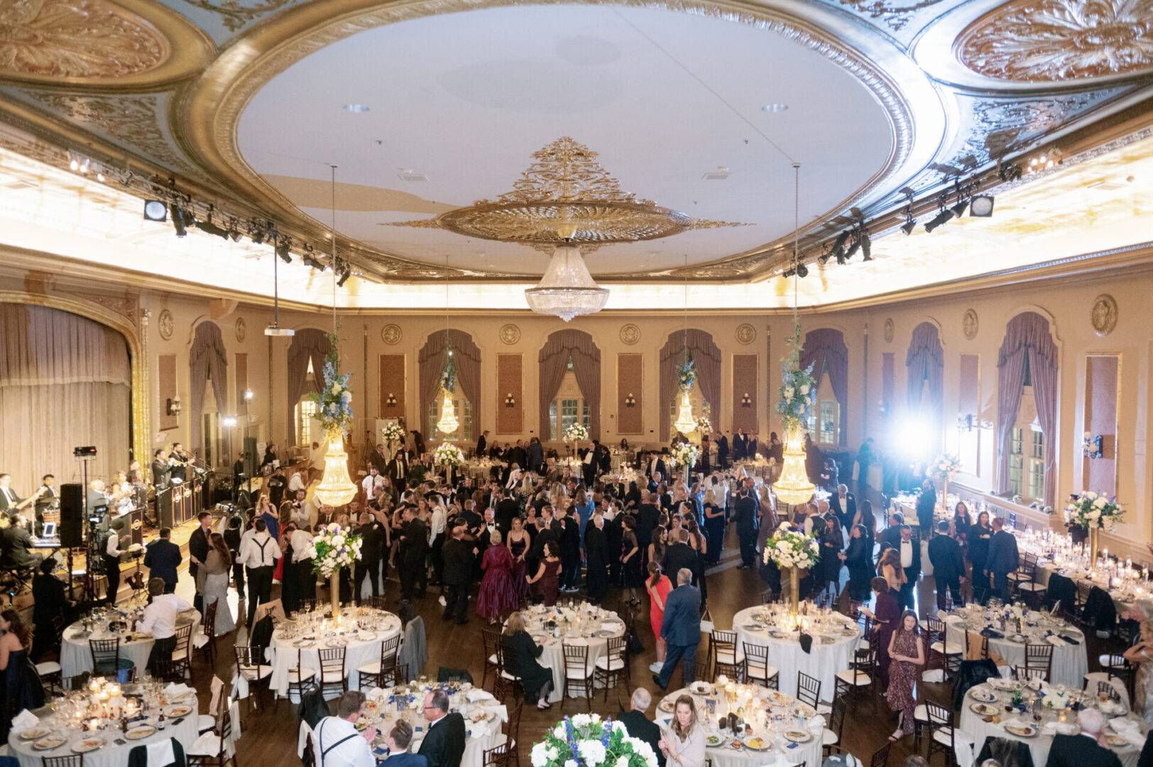 A wide shot of the Palais Royale ballroom set up for a wedding